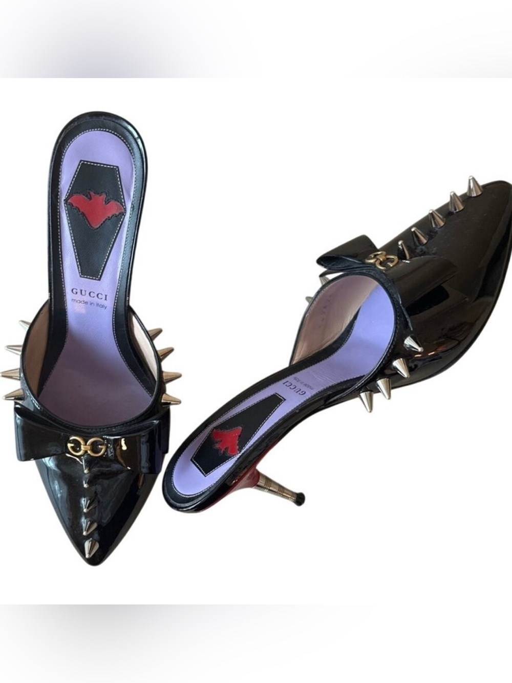 Gucci Sadie Spike Patent Mules Bow Gothic Alchemist 37.5